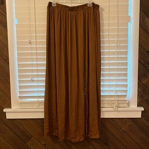 3X silky long bronze skirt with slit